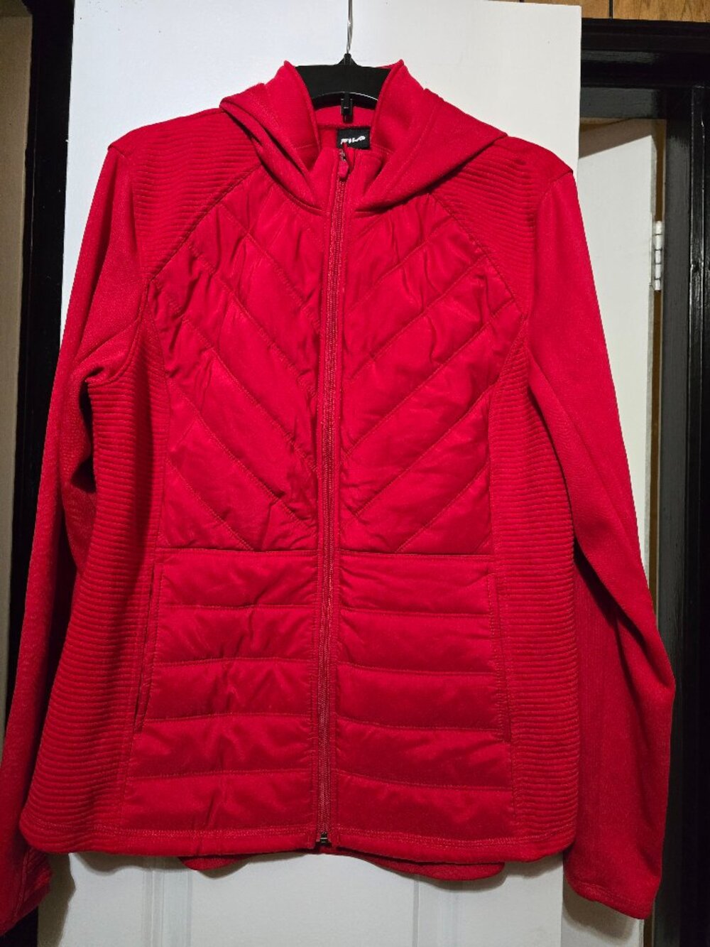 Fila Women's Red Quilted Full Zip-Up Hooded Lightweight Puffer Jacket - Size XL